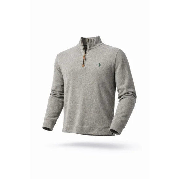 Polo Ralph Lauren Men’s Heather Gray Quarter-Zip Sweater Green Logo Sz L - Picture 1 of 7